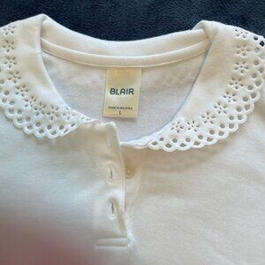 Woman's Blair Short Sleeve White Top Open Cut Collar And Sleeve cutout Large L